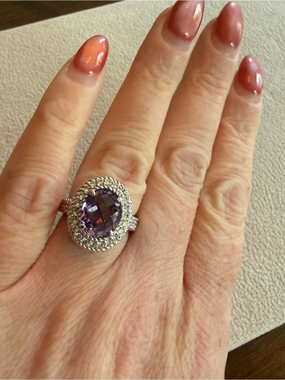 Judith Ripka Size 5 Amethyst Sterling Silver Ring with CZ Pavé Halo
